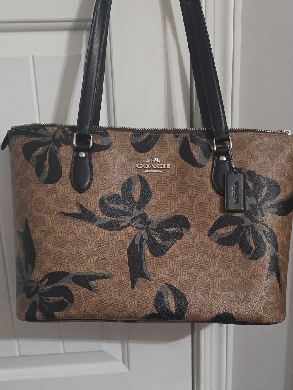 Coach Brown Signature Tote with Black Bow Motif
